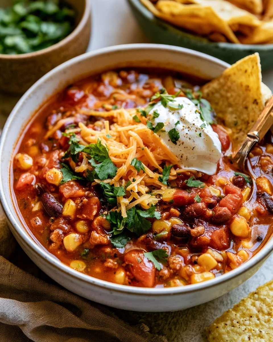 Bowl of flavorful Taco Soup topped with cheese and cilantro