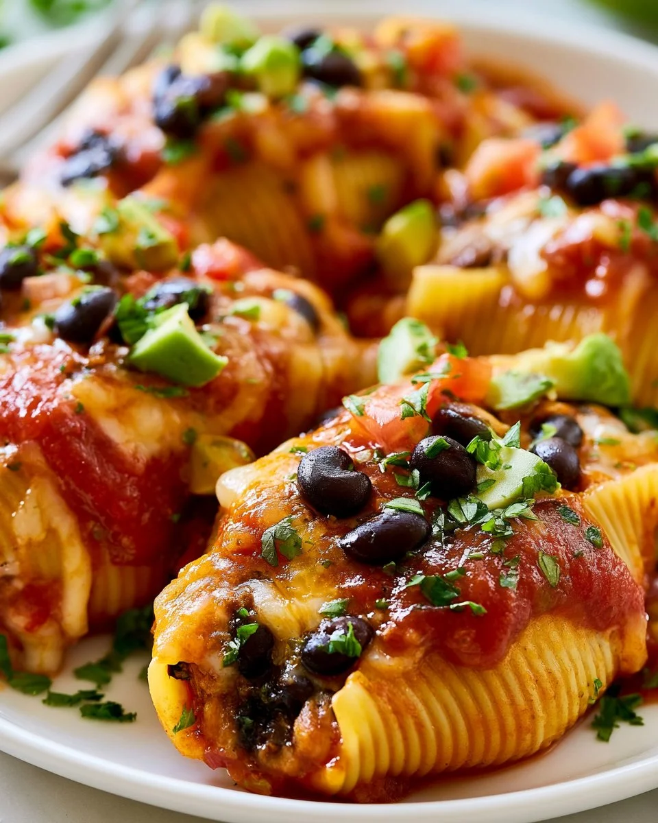 Delicious Taco Stuffed Shells filled with seasoned beef and topped with cheese.