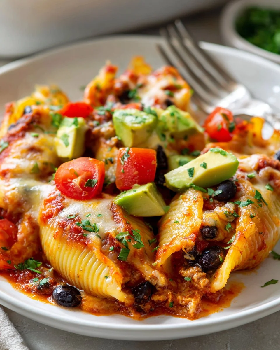 Taco Stuffed Shells filled with seasoned ground beef, cheese, and salsa.