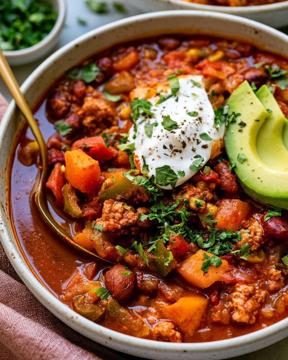 A bowl of delicious and hearty turkey chili topped with fresh herbs and spices.