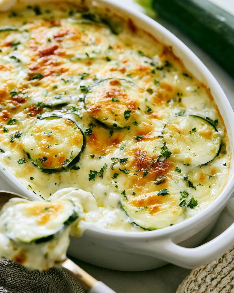 Three Cheese Zucchini Gratin topped with melted cheese and herbs