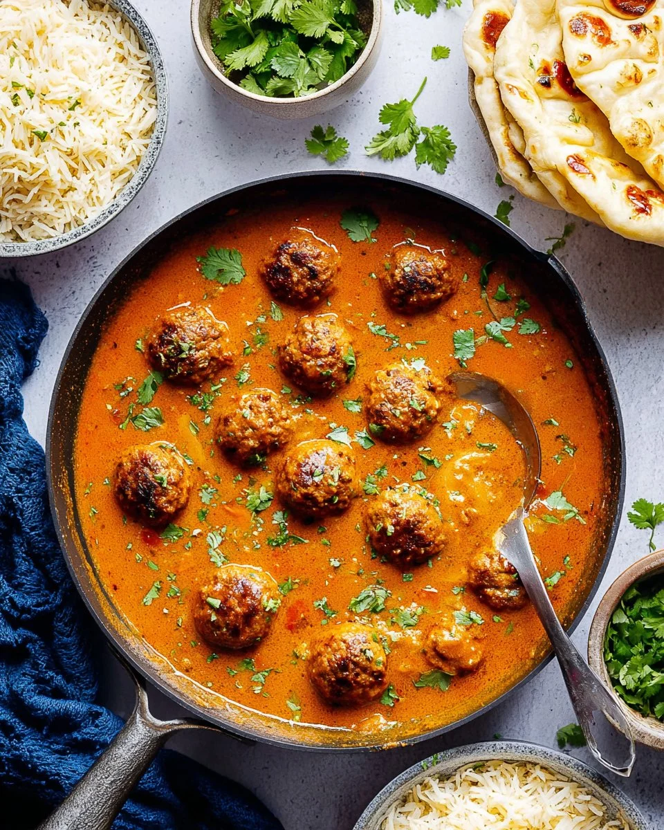 Delicious Tikka Masala Meatballs served on a plate with herbs and spices.
