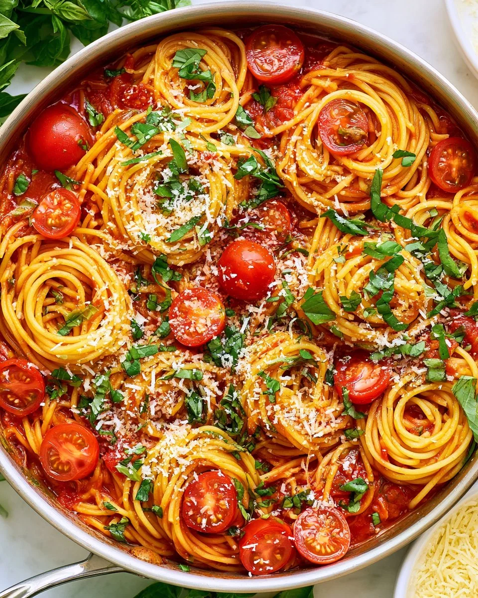 One pan spaghetti with tomato pasta in a skillet