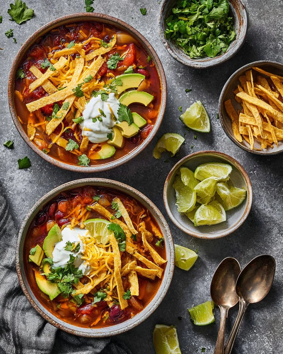 Delicious tortilla soup garnished with crispy tortilla strips in a bowl
