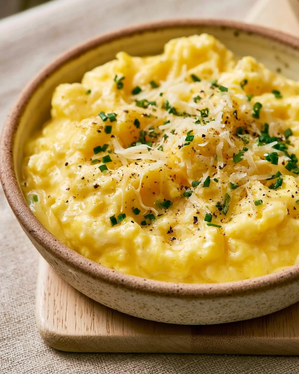 Plate of decadent truffled scrambled eggs garnished with herbs