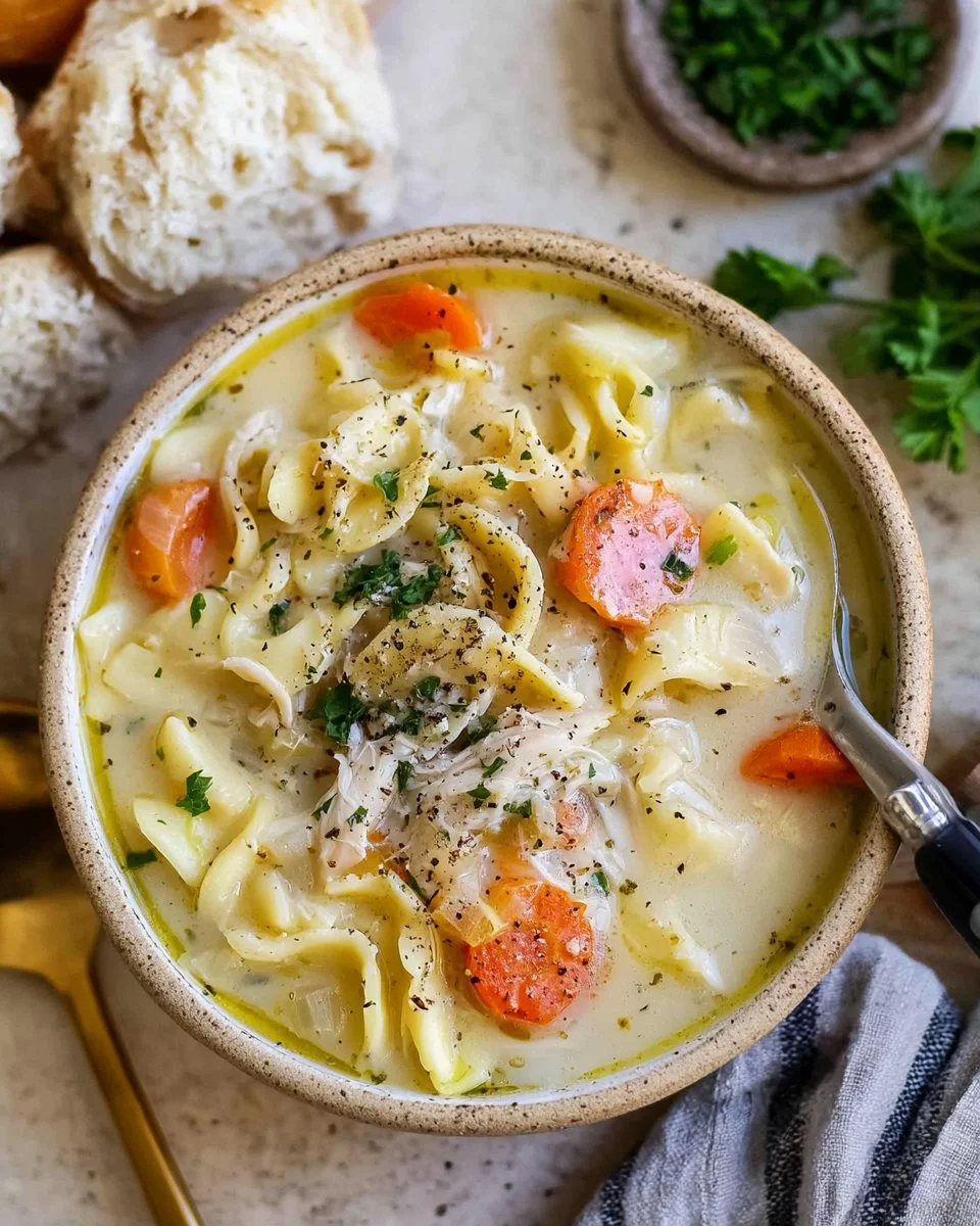 Warm bowl of Turkey Noodle Soup with noodles and vegetables