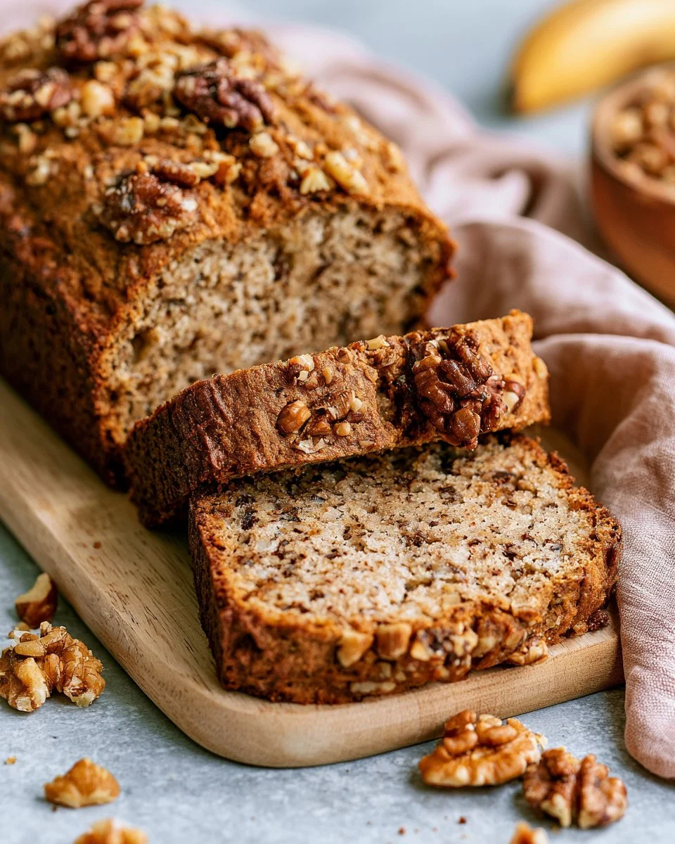 Slice of homemade Vegan Banana Bread topped with walnuts