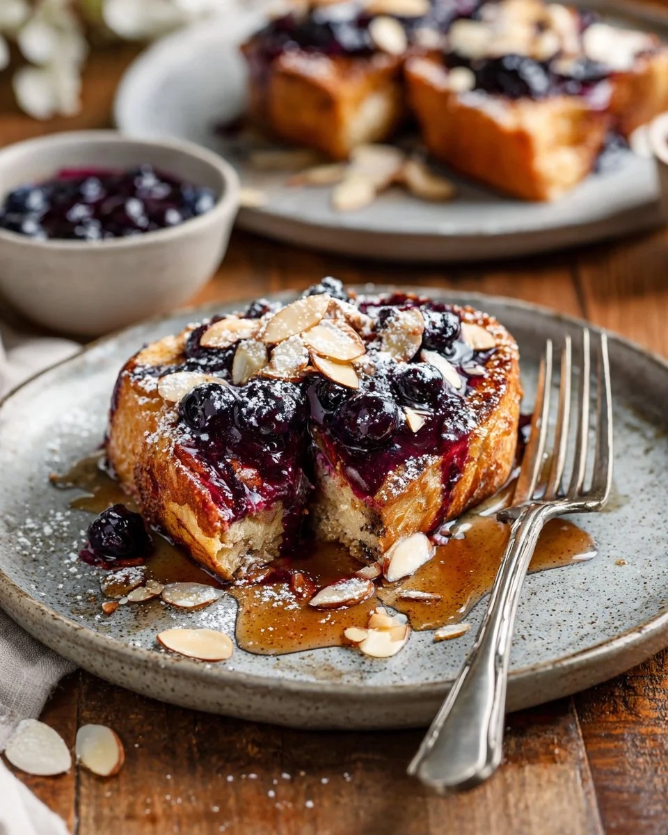 Vegan French Toast Casserole topped with fresh fruits and maple syrup