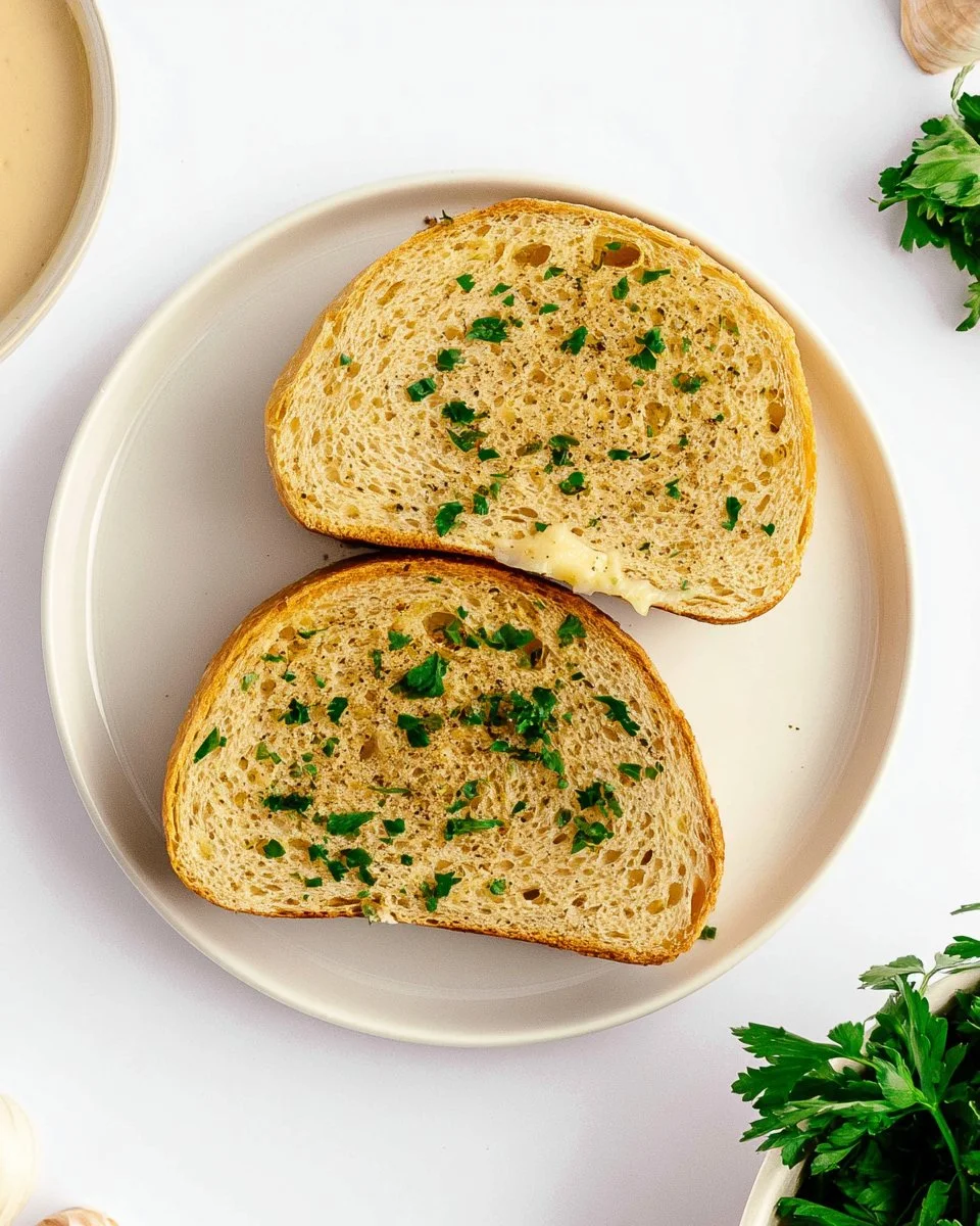 Delicious vegan garlic bread served on a wooden board