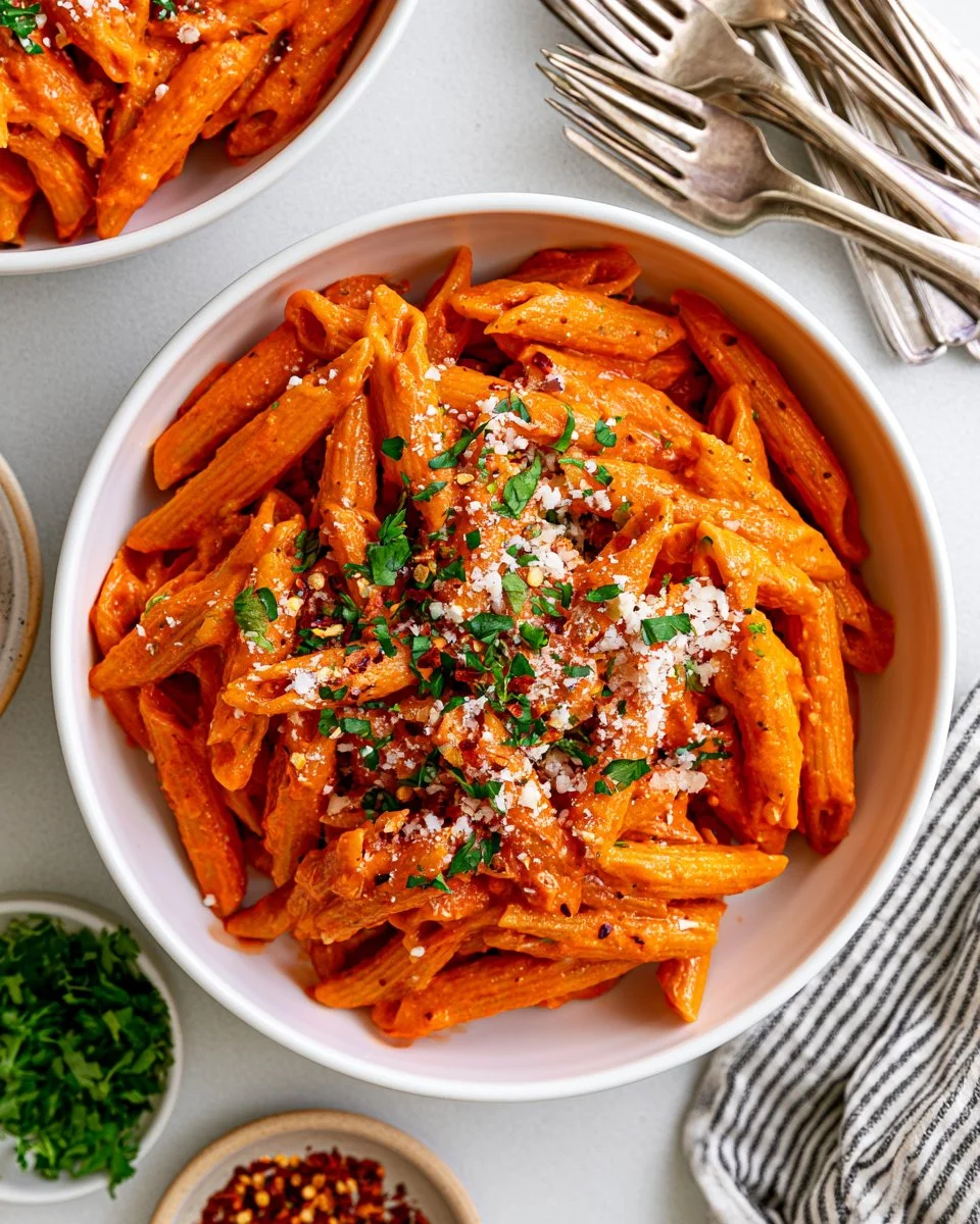 Delicious vegan roasted red pepper pasta served in a bowl, garnished with herbs.