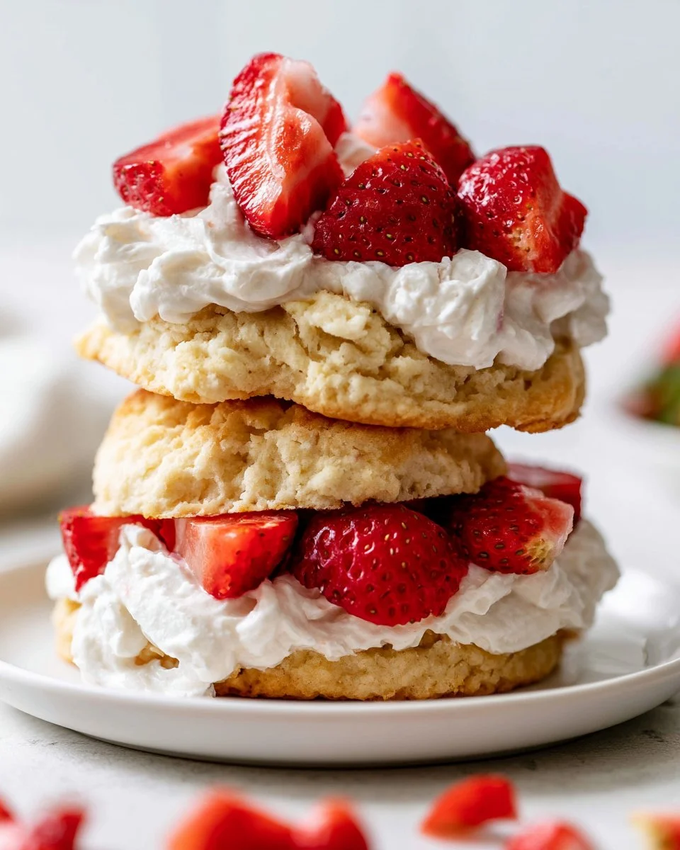 Vegan strawberry shortcakes with fresh strawberries and whipped cream on a plate.