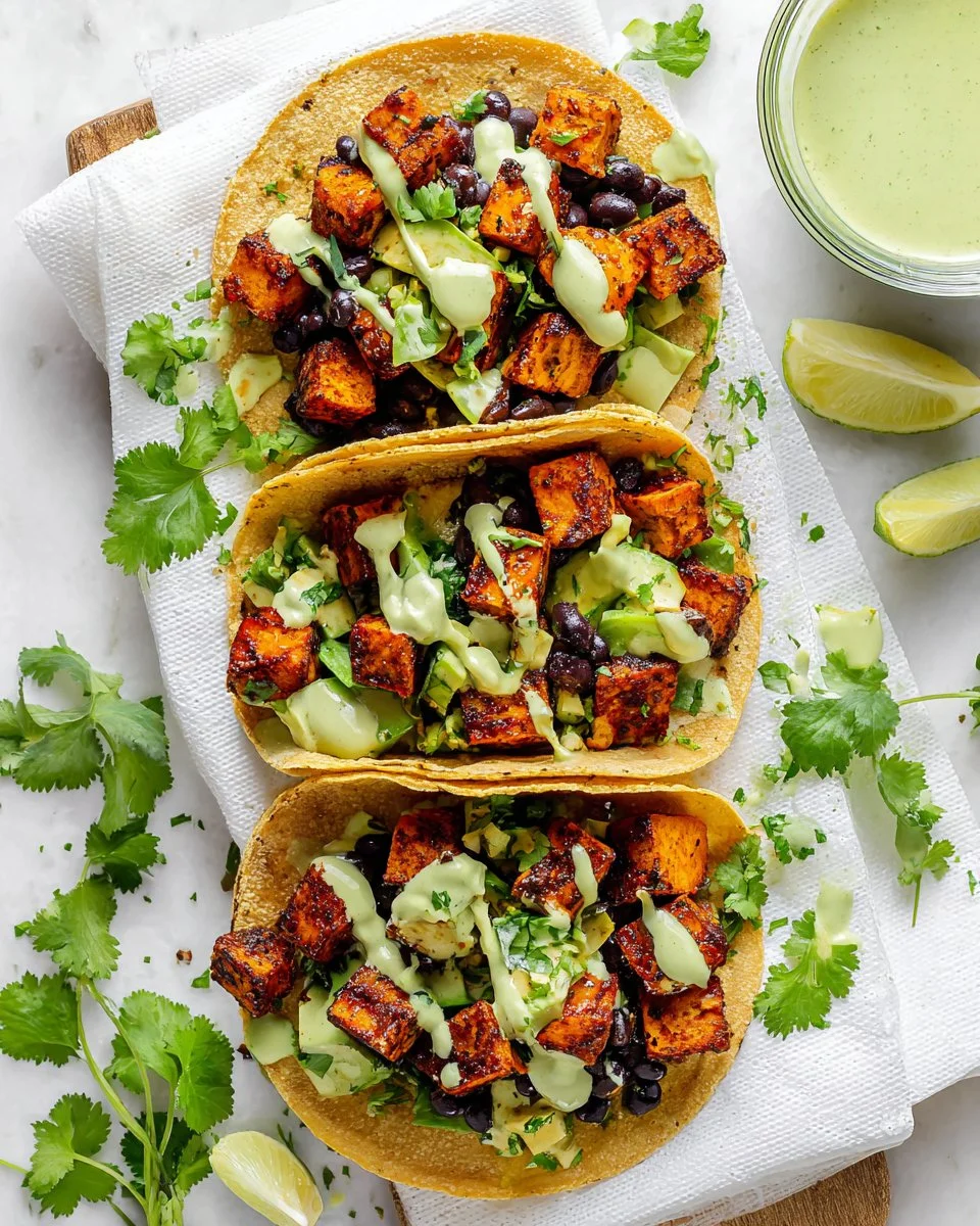 Vegan sweet potato black bean tacos served on a plate with toppings.