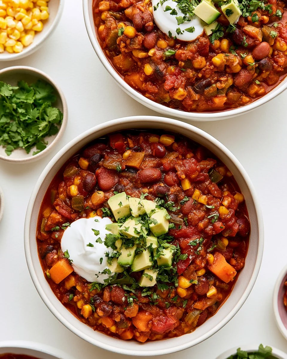 Vegan tempeh chili served in a bowl with fresh herbs on top