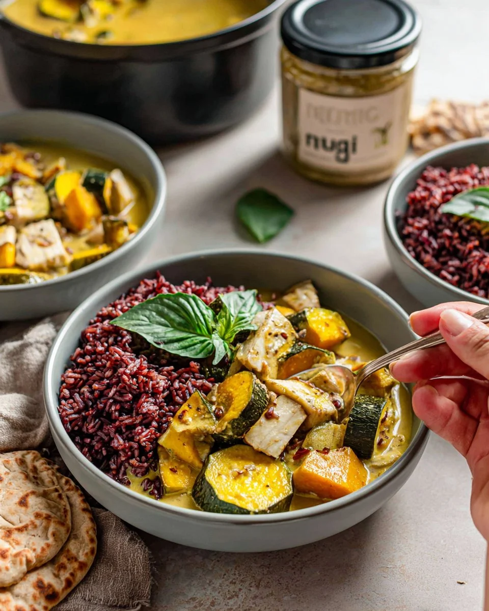 Bowl of Vegan Thai Green Curry featuring acorn squash and vibrant vegetables
