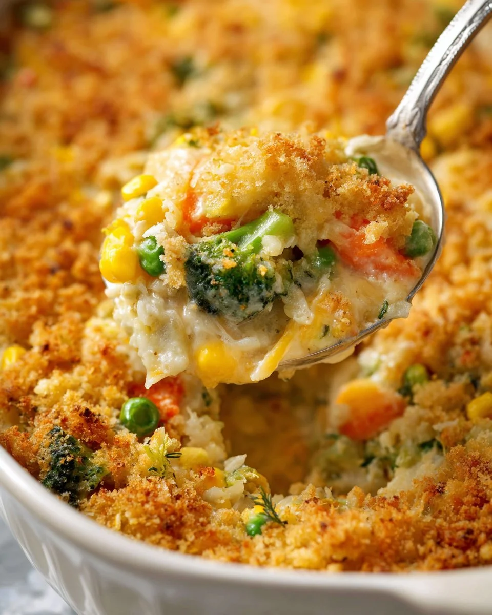 Healthy vegetable casserole filled with colorful vegetables and herbs