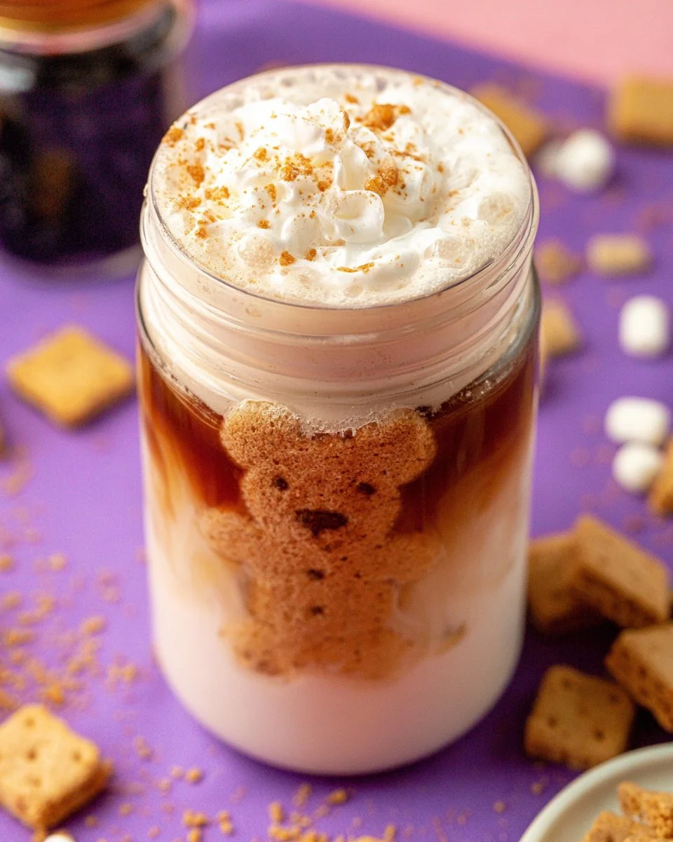Viral Teddy Graham Latte topped with marshmallows and teddy graham cookies
