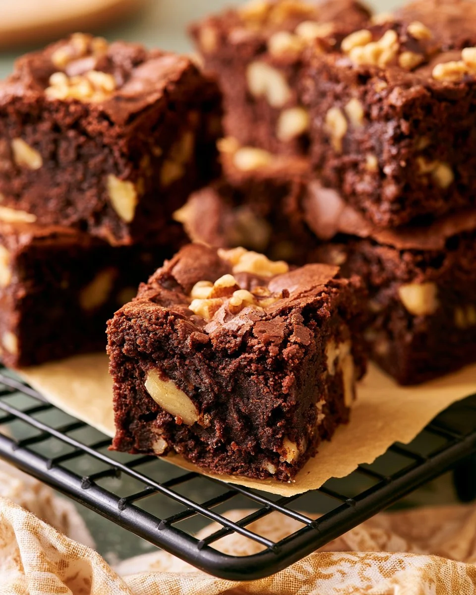 Delicious homemade walnut brownies topped with walnuts.