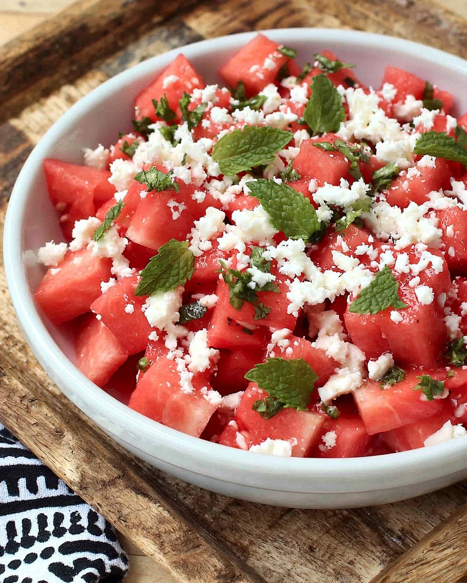Delicious Watermelon Feta Salad with mint and balsamic dressing