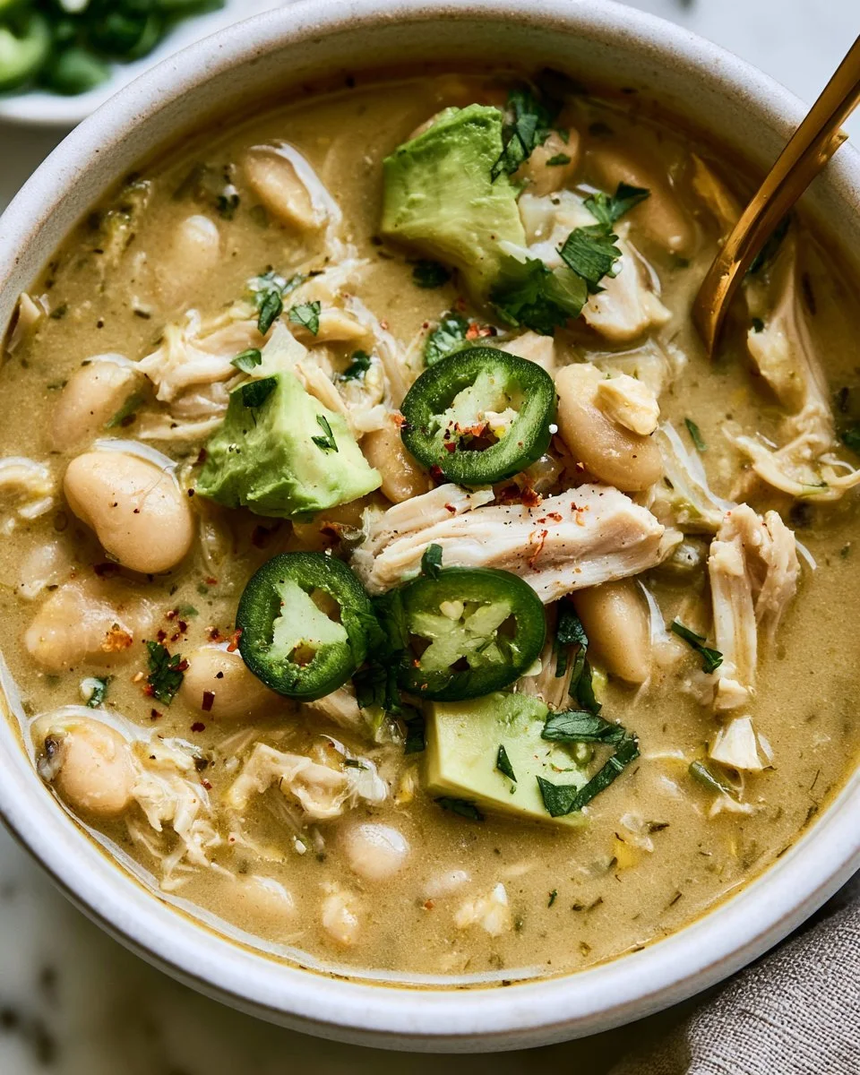 Delicious white bean chicken chili garnished with fresh herbs