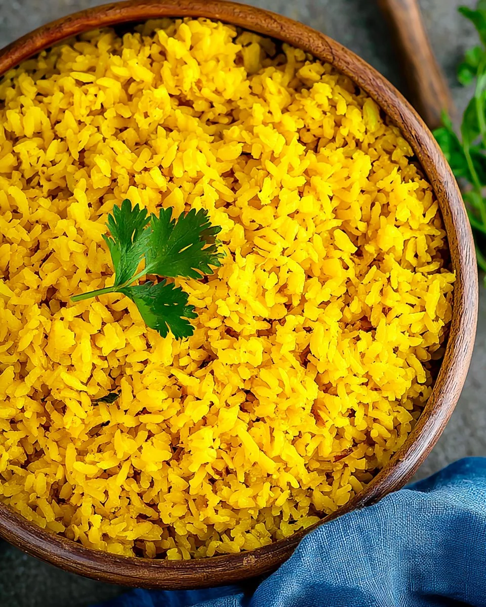 Bowl of yellow turmeric rice garnished with herbs