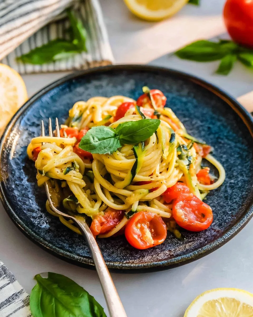 A bowl of fresh zucchini pasta served with cherry tomatoes and basil