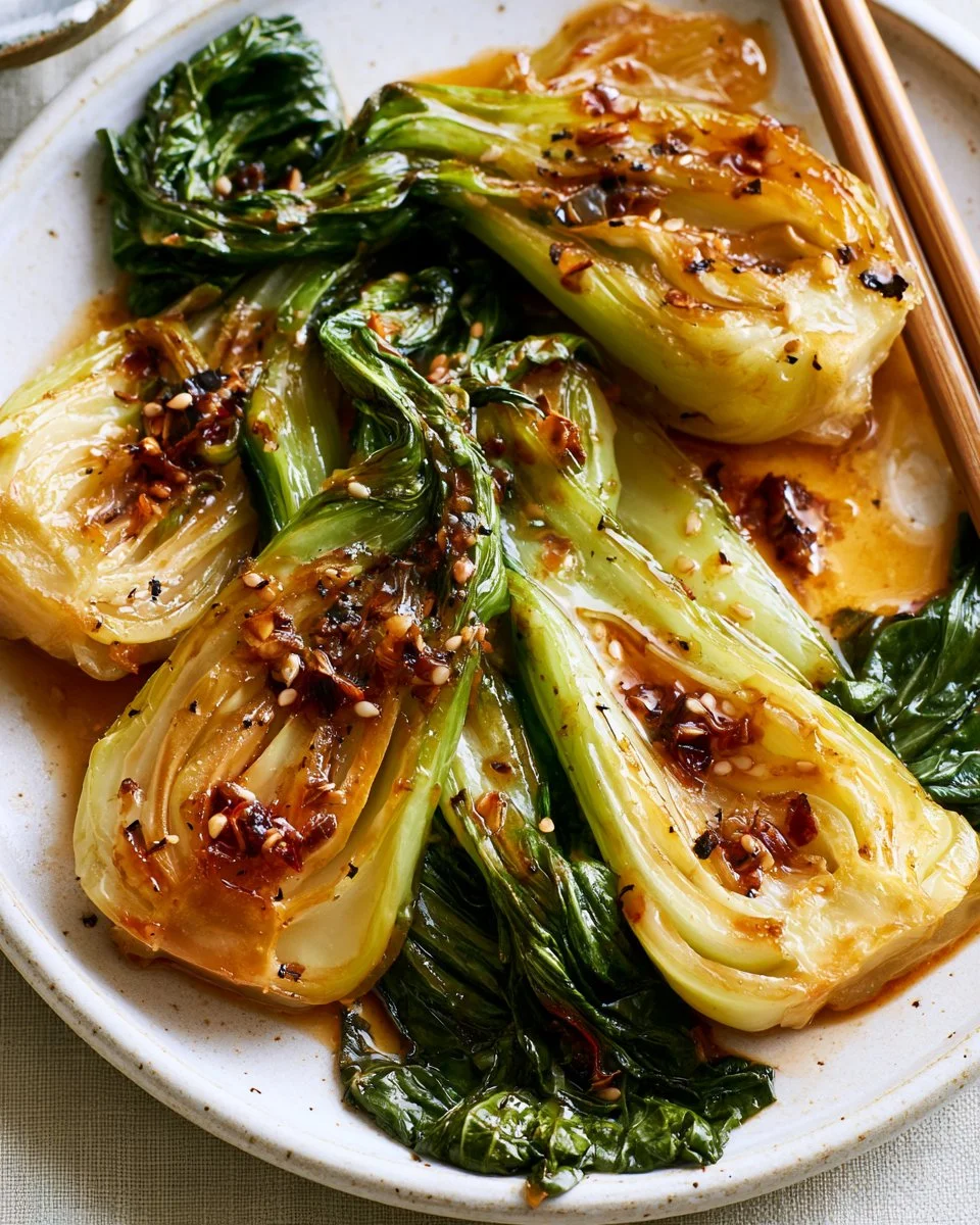 Sautéed bok choy served in a bowl, garnished and ready to eat.