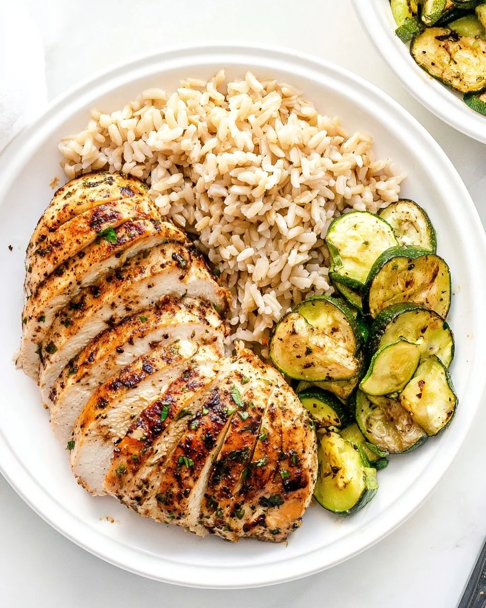 Juicy air fryer chicken breast garnished with herbs and spices on a plate