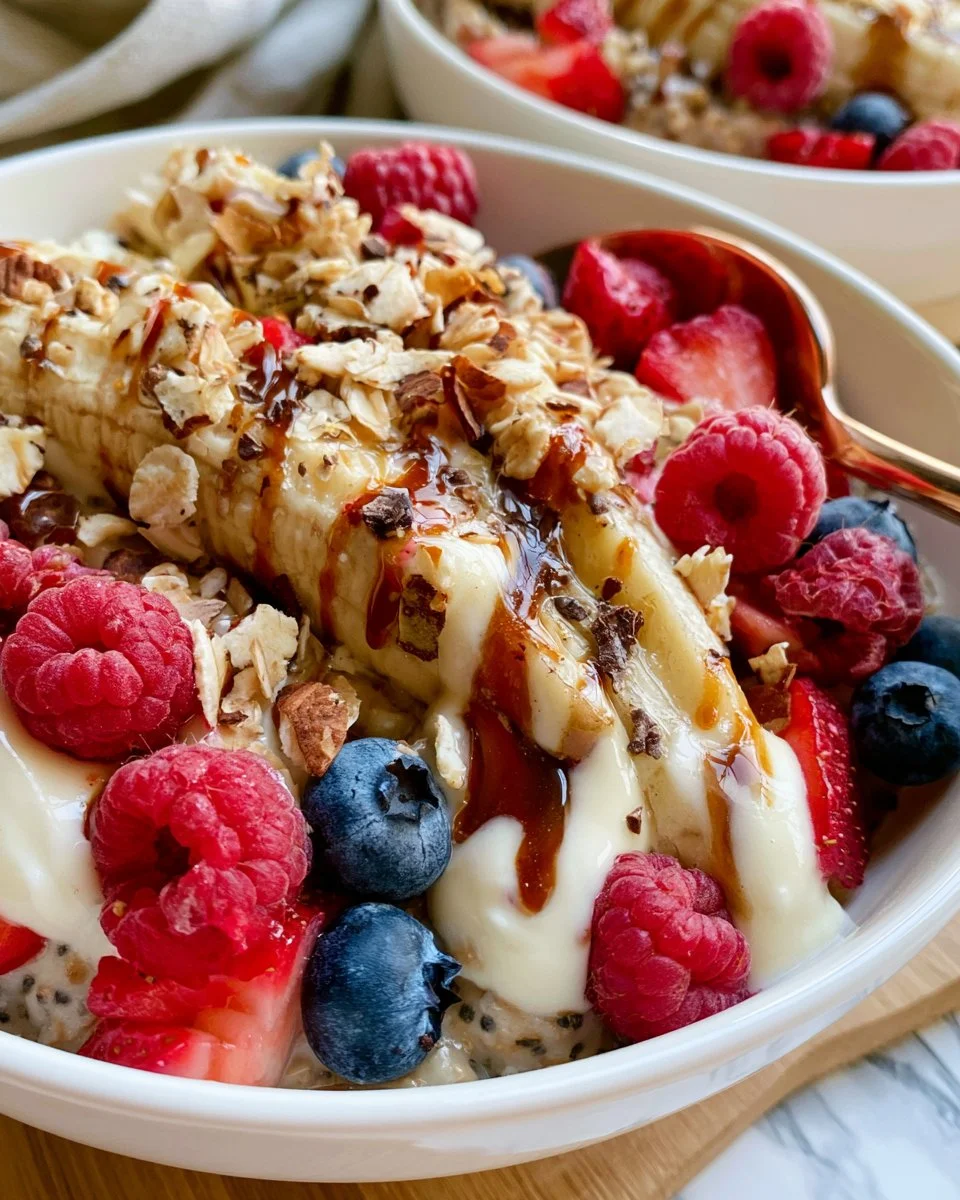 Delicious banana split oatmeal bowls topped with fresh fruit and nuts