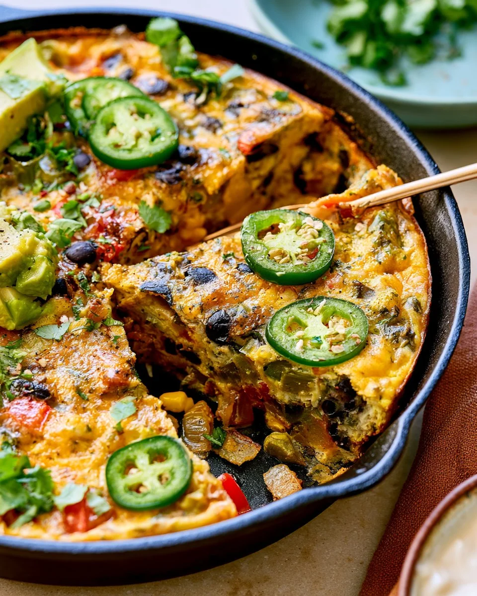 Black Bean and Jalapeno Frittata with fresh ingredients in a skillet