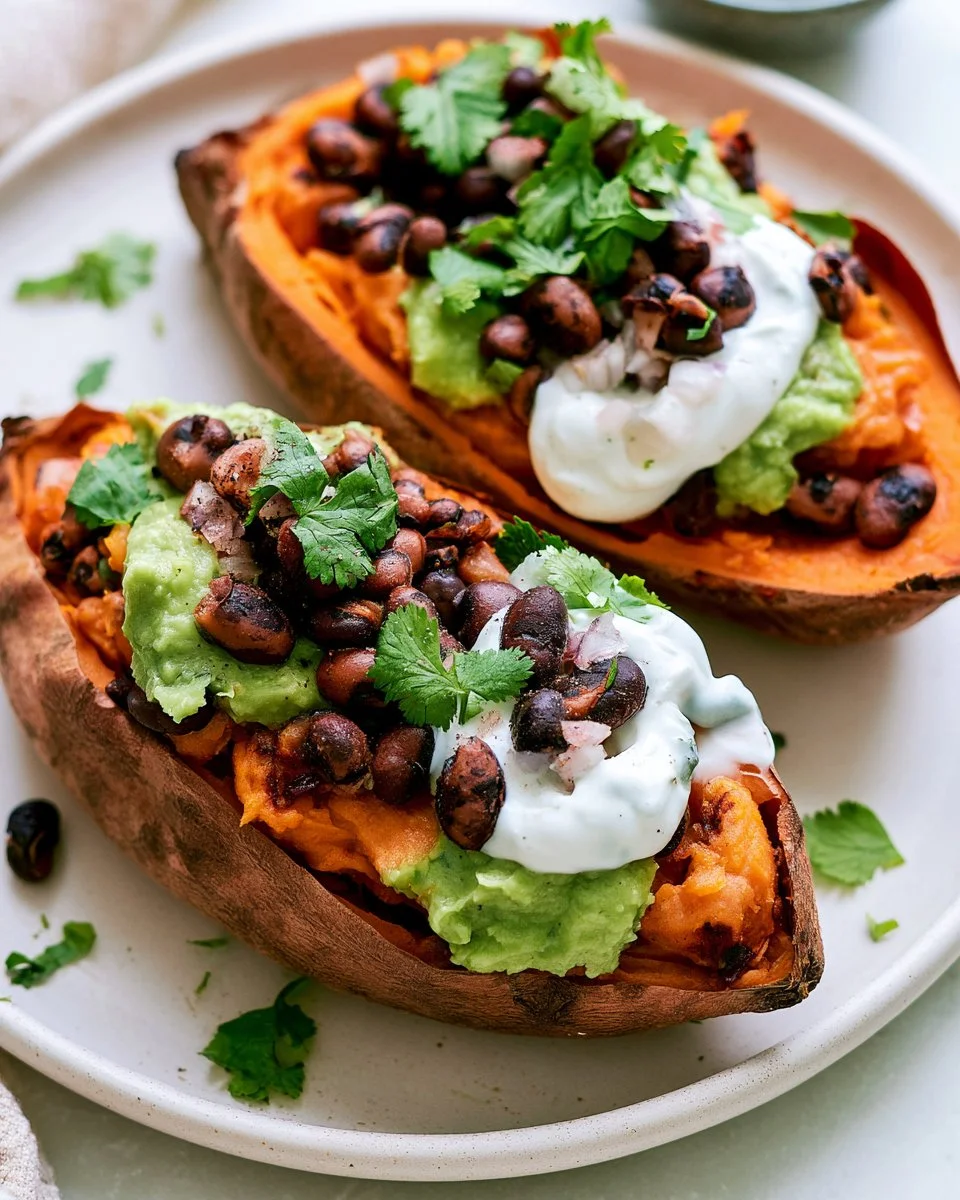 Black Bean Stuffed Sweet Potatoes topped with fresh ingredients