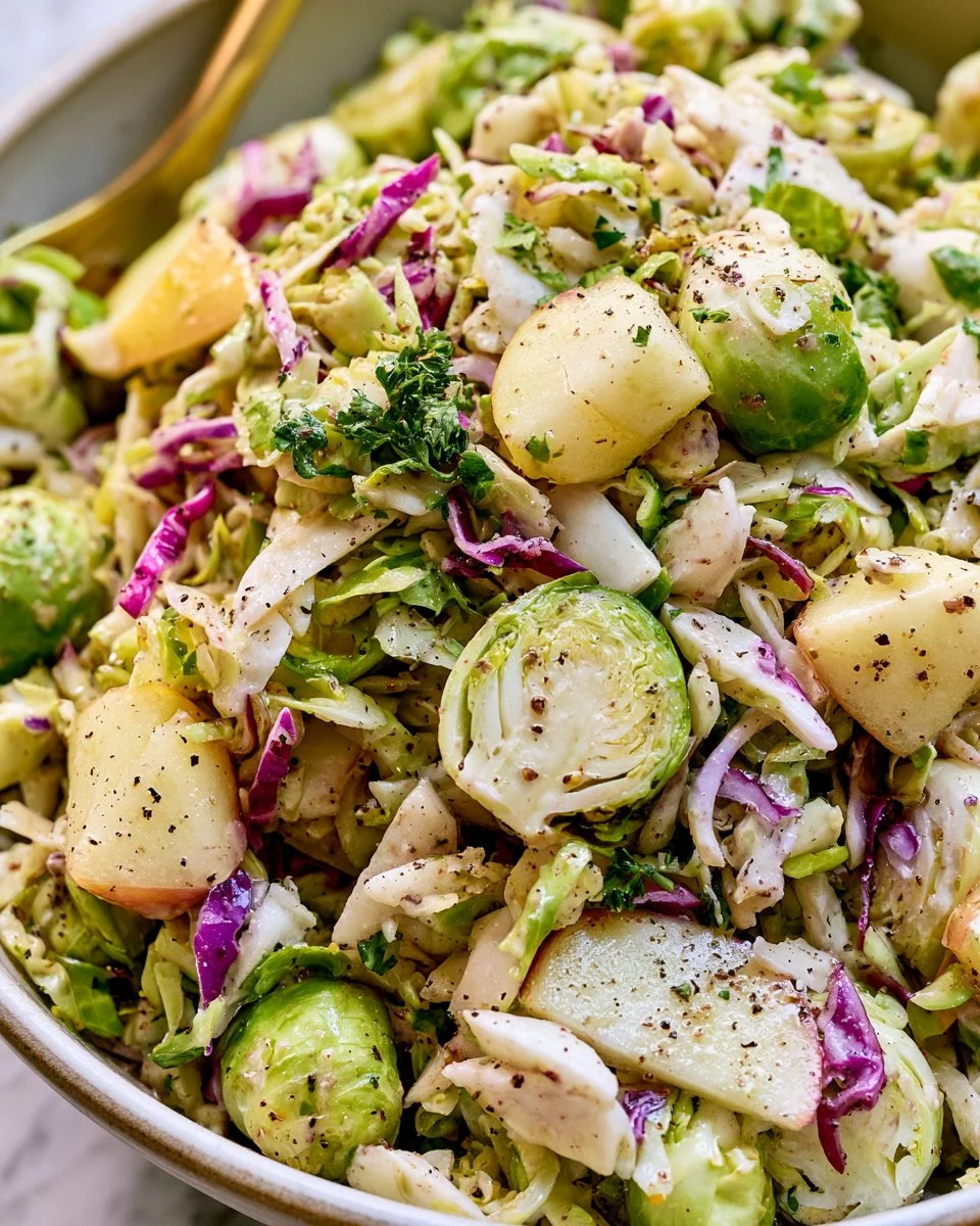 Bowl of Brussels Sprout Apple Coleslaw with fresh ingredients and vibrant colors