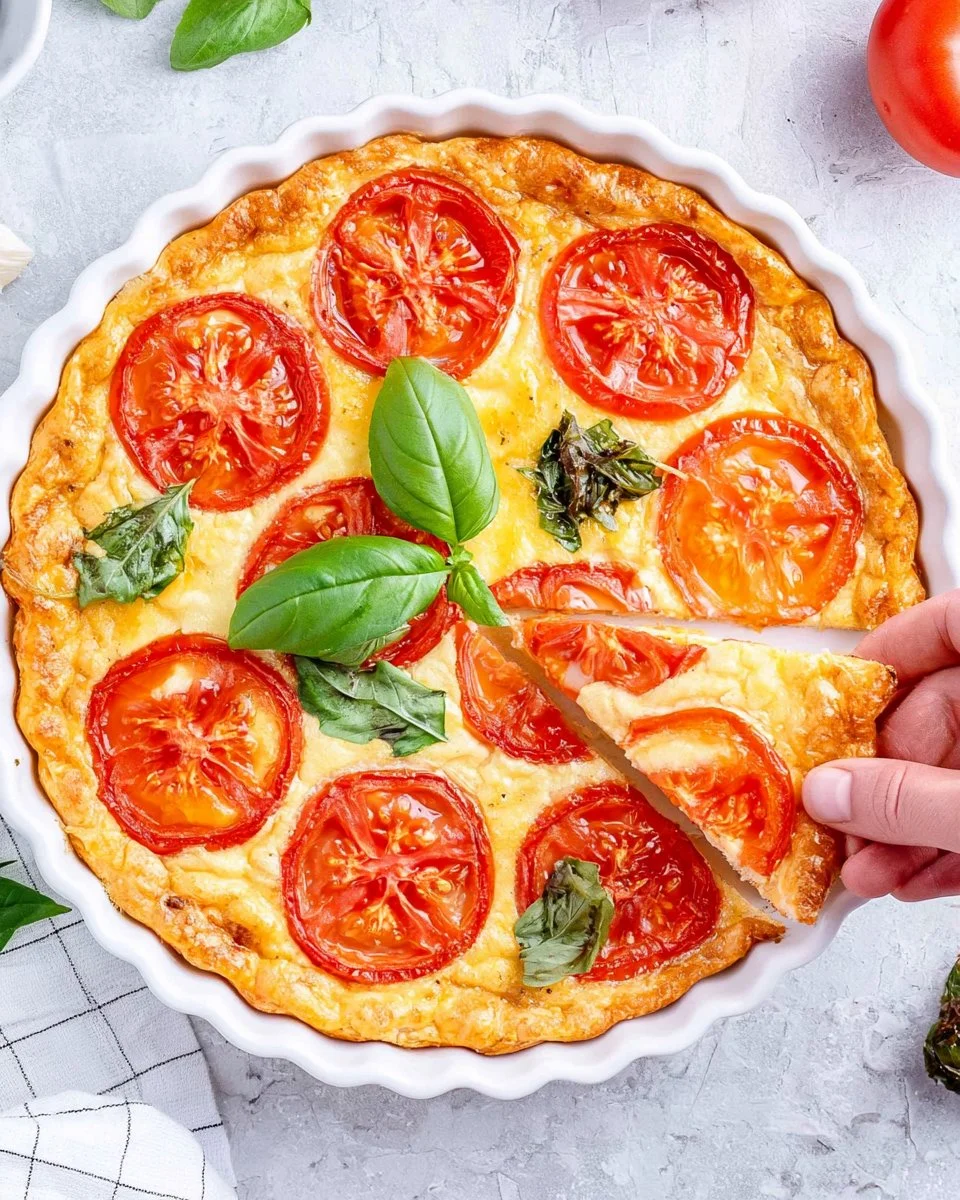 Delicious Caprese Crustless Quiche with tomatoes, mozzarella, and basil