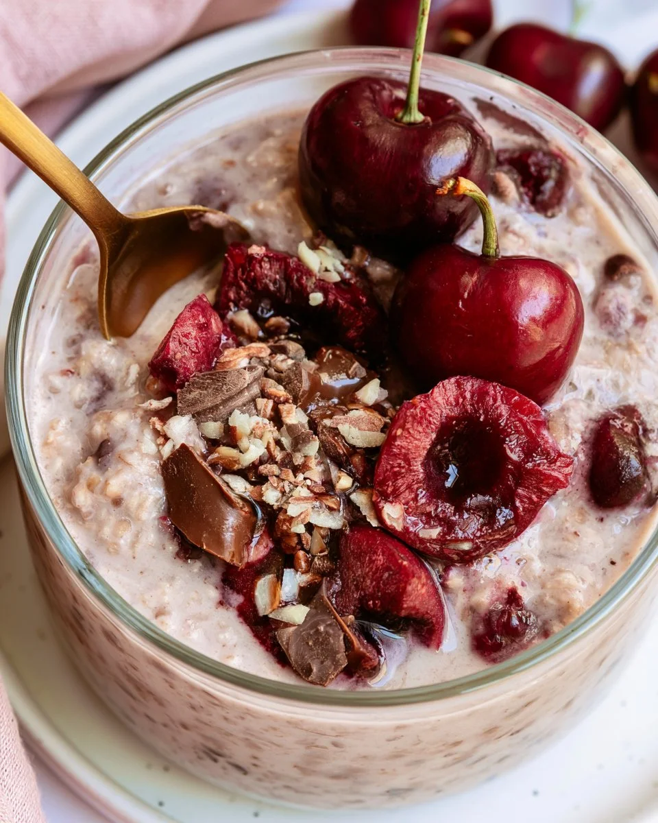 Bowl of cherry chocolate overnight oats topped with fresh cherries and chocolate shavings