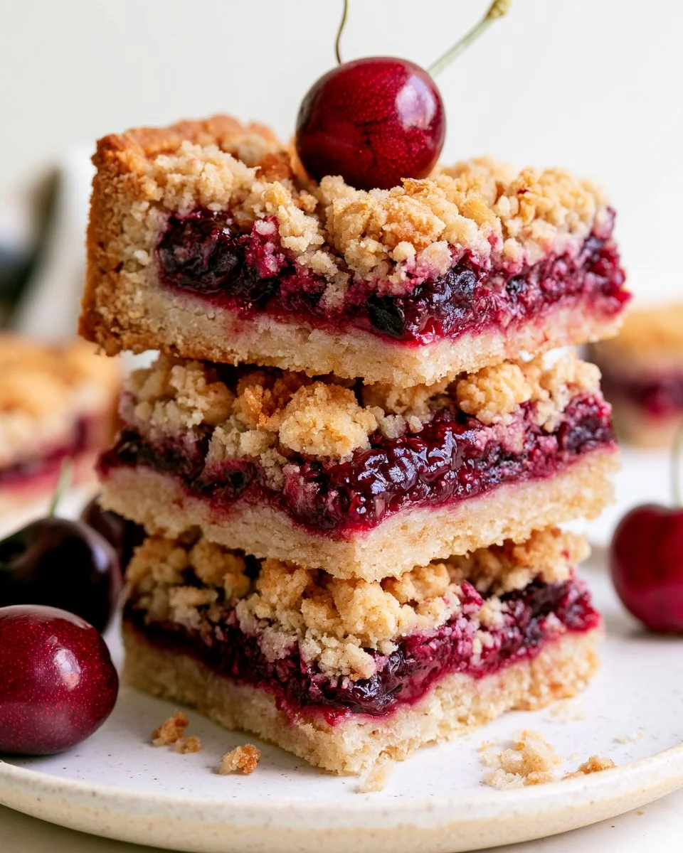Freshly baked Cherry Crumb Bars with crumbly topping and vibrant cherry filling