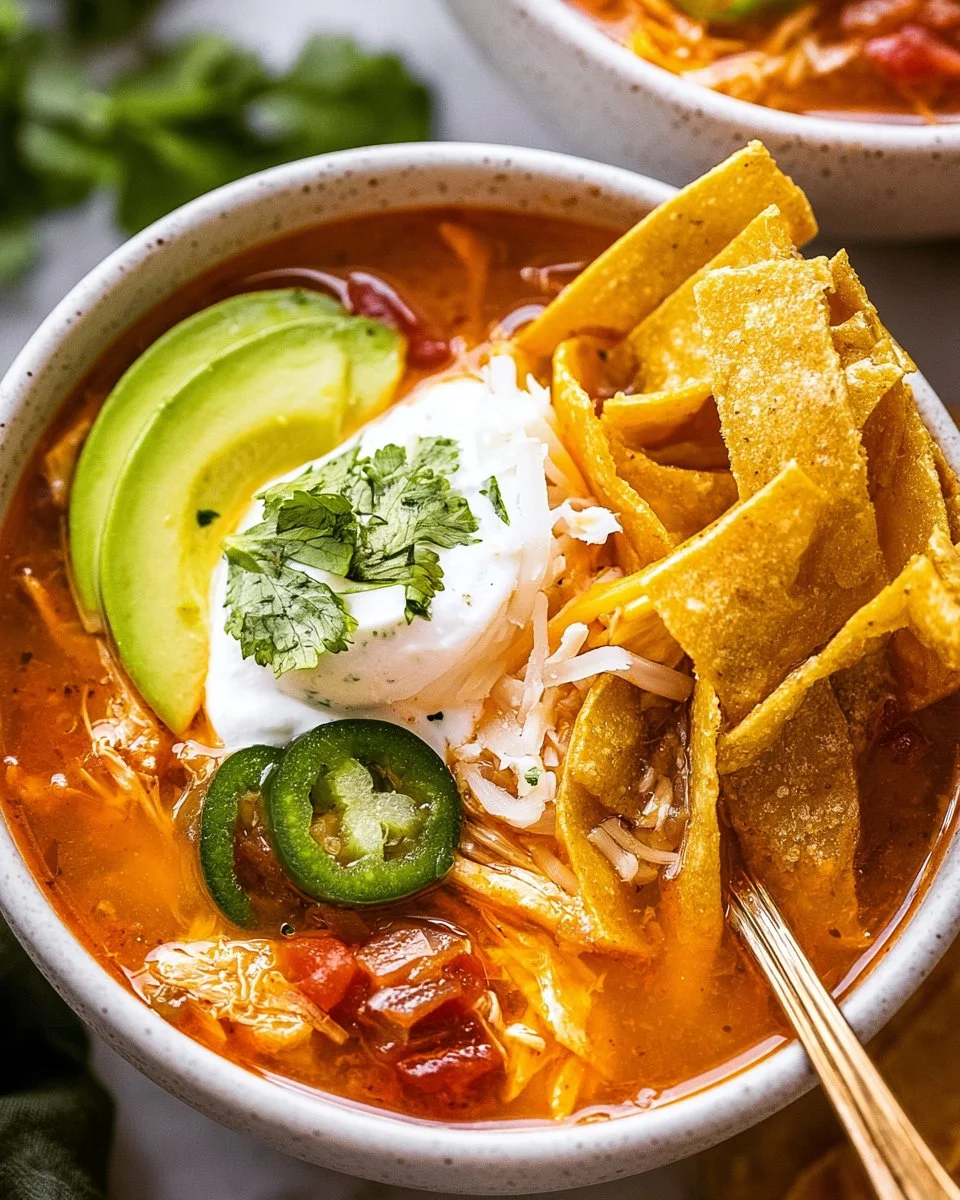 Bowl of Chicken Tortilla Soup garnished with tortilla strips and avocado