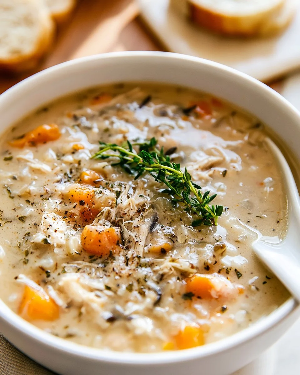 Bowl of creamy Chicken Wild Rice Soup garnished with herbs