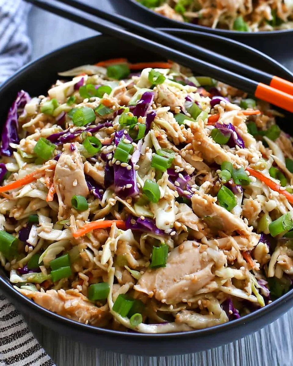 Delicious Chinese Chicken Salad topped with Sesame Dressing and fresh vegetables
