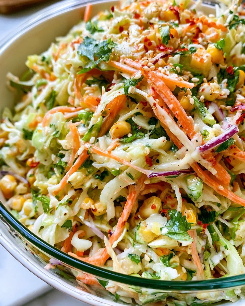 Bowl of fresh cilantro lime coleslaw with colorful vegetables