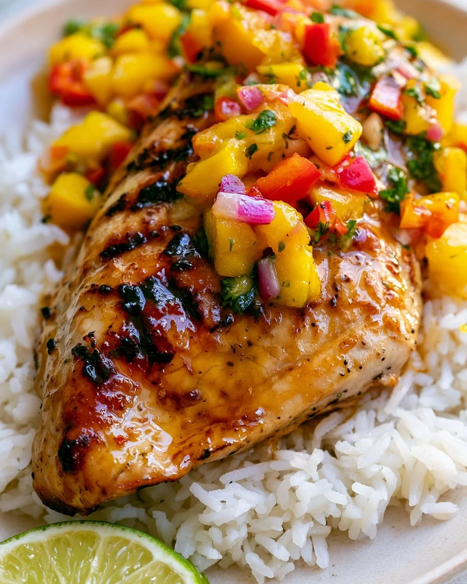 Cilantro lime tofu served with colorful mango salsa on a plate