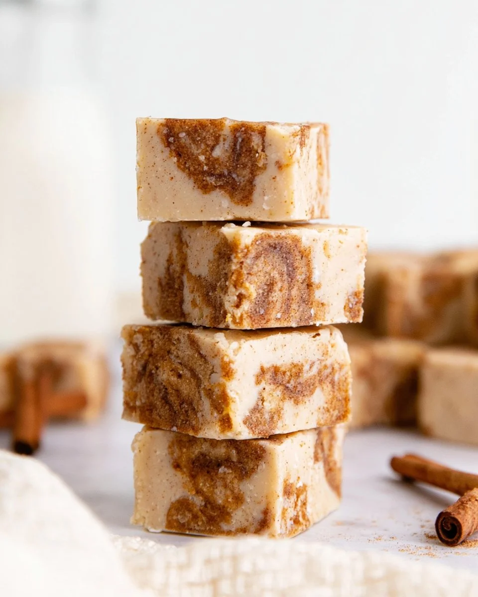 Delicious cinnamon roll fudge with swirls of icing on top