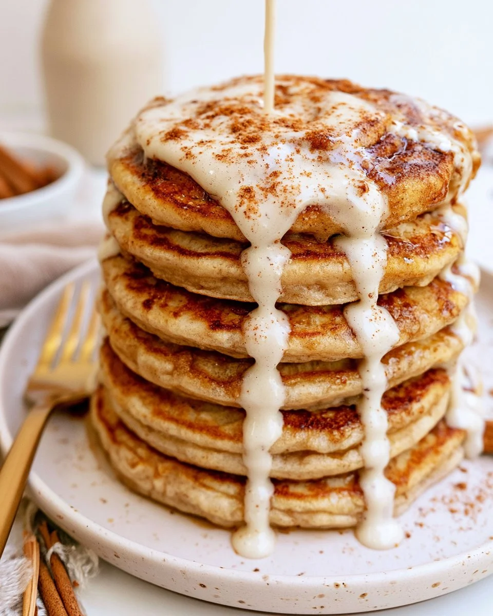 Delicious cinnamon roll pancakes stacked with icing on top