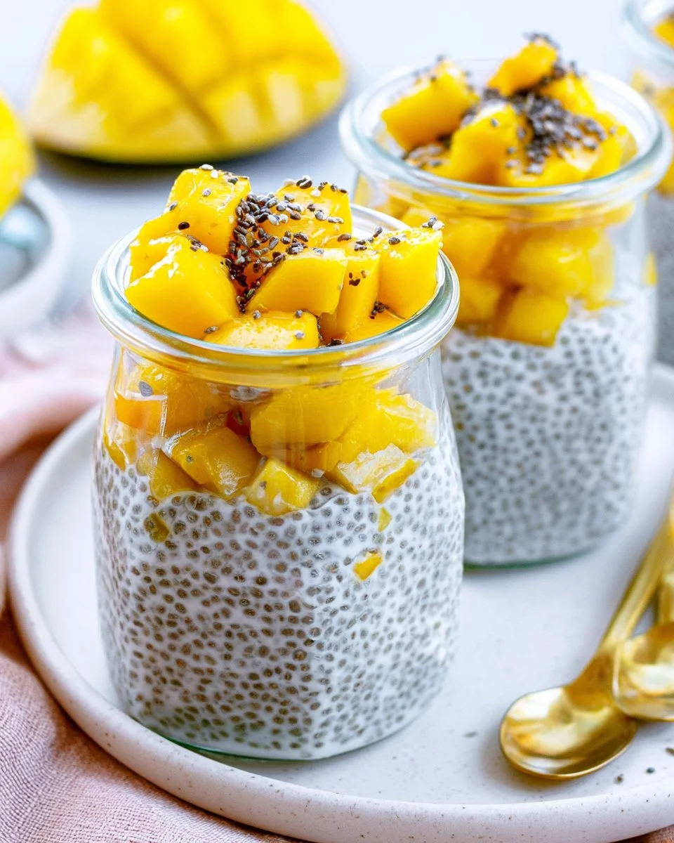 Vibrant Coconut Mango Chia Pudding in a glass topped with fresh mango slices