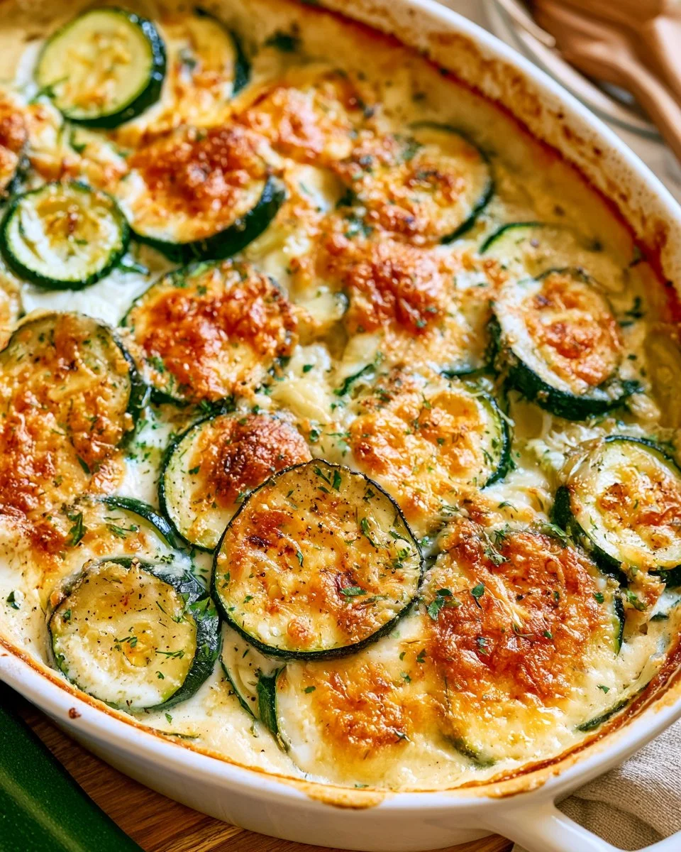 Delicious creamy fresh garden zucchini gratin served in a baking dish