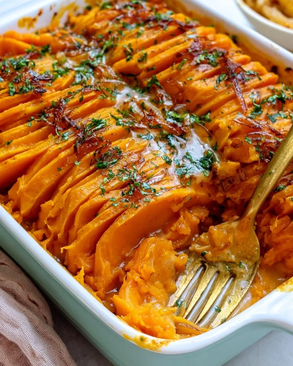 Creamy sweet potato bake topped with herbs and spices in a baking dish