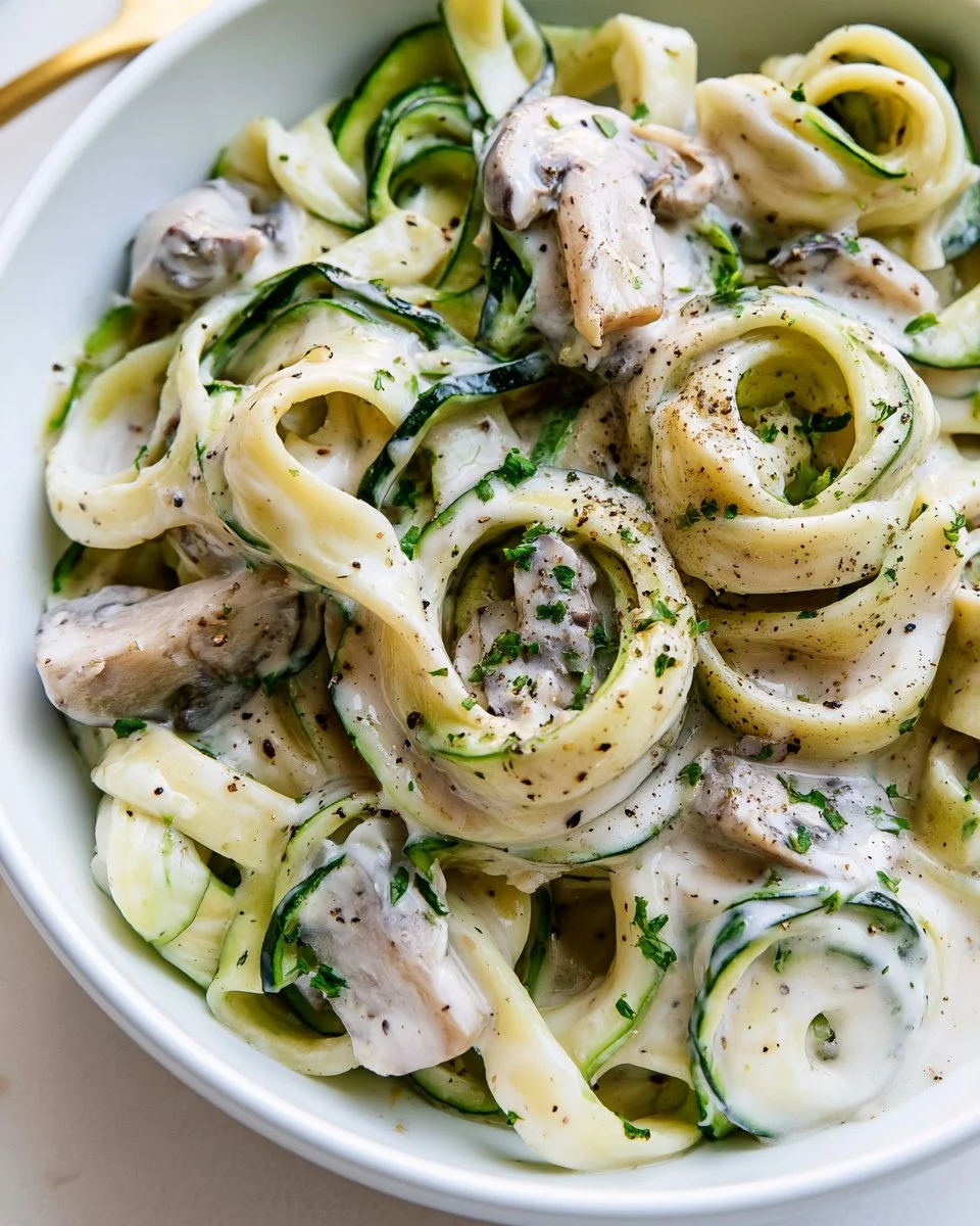 Creamy zucchini noodles Alfredo garnished with herbs on a plate