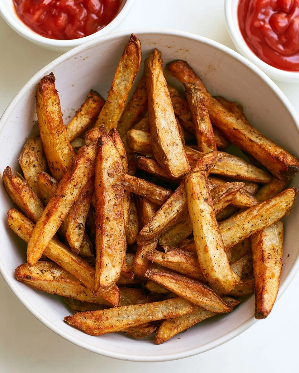Crispy baked french fries served on a plate with dipping sauce