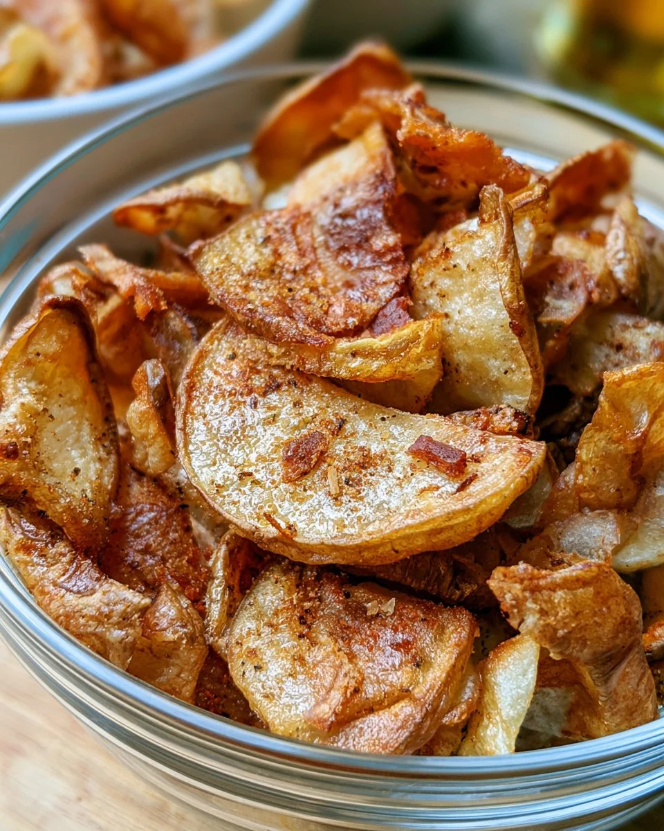 Crispy potato skin chips served in a bowl with a dipping sauce