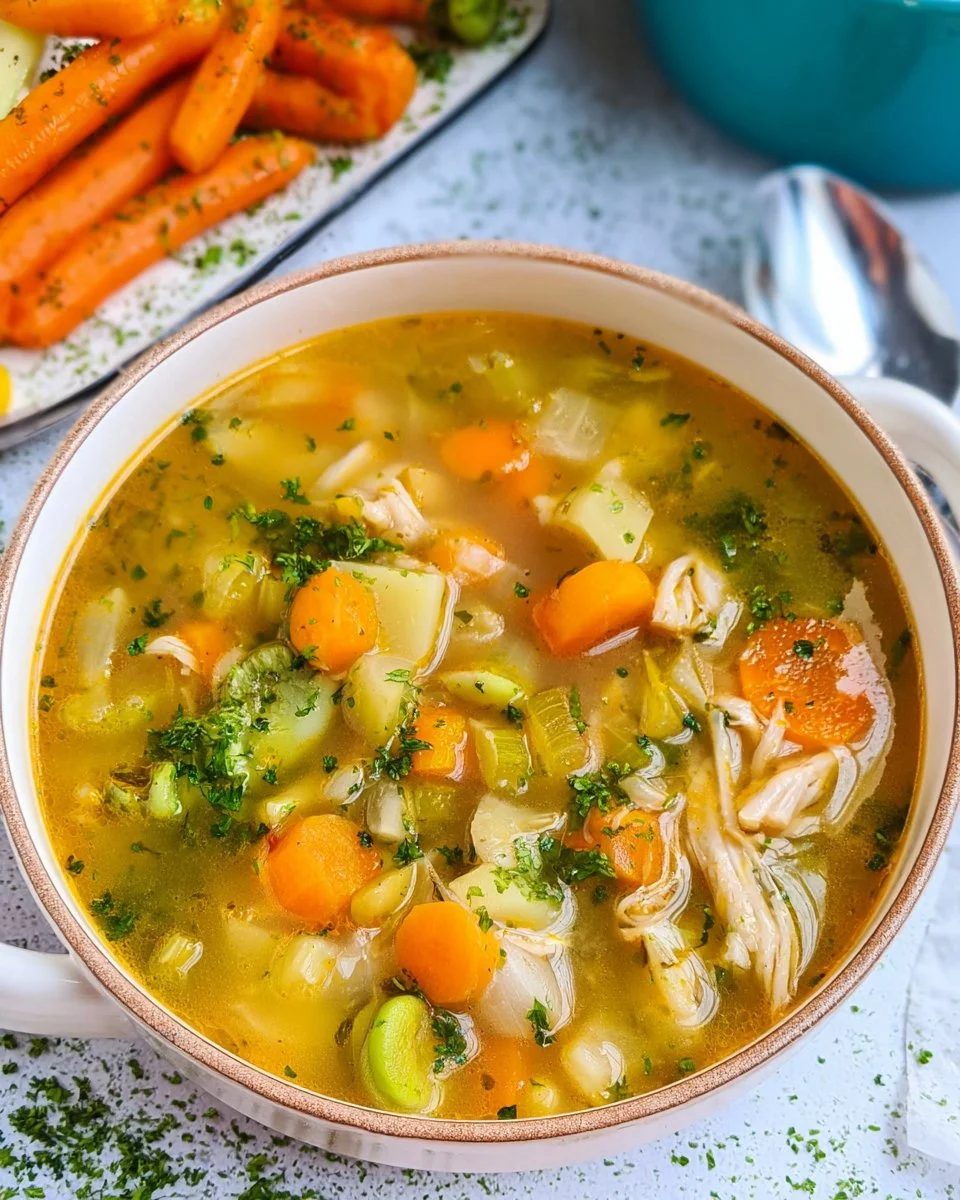 Bowl of detox chicken soup with fresh herbs and vegetables
