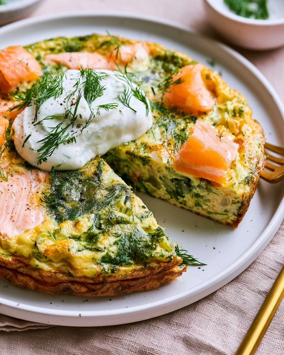 Delicious dill salmon frittata served on a plate with fresh herbs.