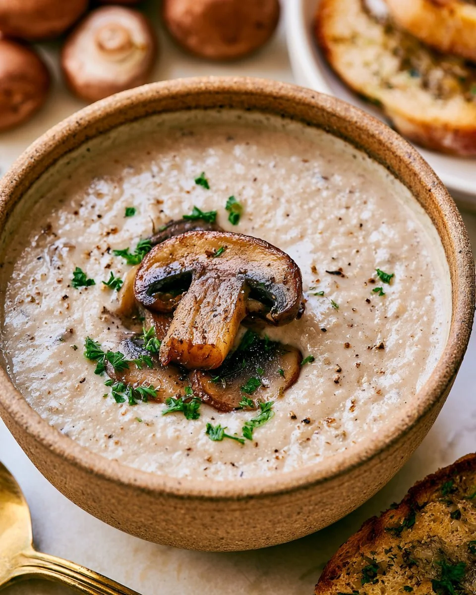 Bowl of homemade cream of mushroom soup garnished with fresh herbs.